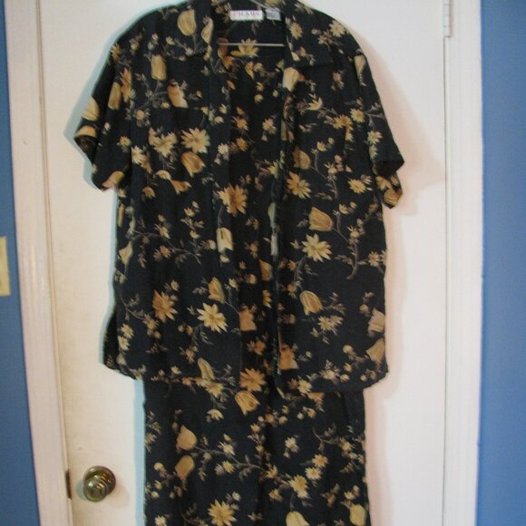 * Chaus 2 Piece Set Outfit Size 6 Navy Blue Floral 100% Silk Top Pants Oversized - Picture 1 of 7